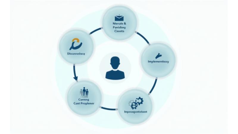 Infographic illustration depicting a circular financial planning process, including discovery, strategy, implementation, and review stages, emphasizing client collaboration.