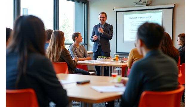 Group of diverse individuals attending a financial literacy workshop in Vancouver, actively engaging with a presenter.