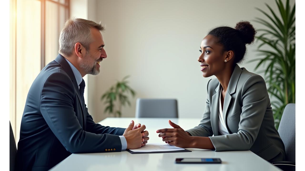 A financial advisor actively listening to a client in a bright, modern office, symbolizing attentive and responsive service.