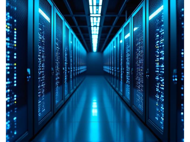 A highly secure server room with glowing blue lights, symbolizing robust digital security and cold storage solutions for cryptocurrencies.