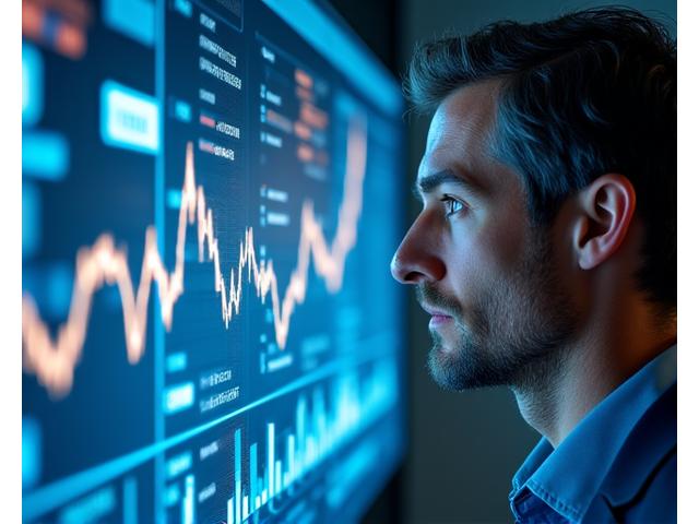 Man looking thoughtfully at a holographic projection showing a diversified investment portfolio with traditional assets and cryptocurrency elements intertwined.