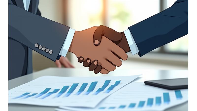 Professional handshake over a growth chart, symbolizing successful business transfer