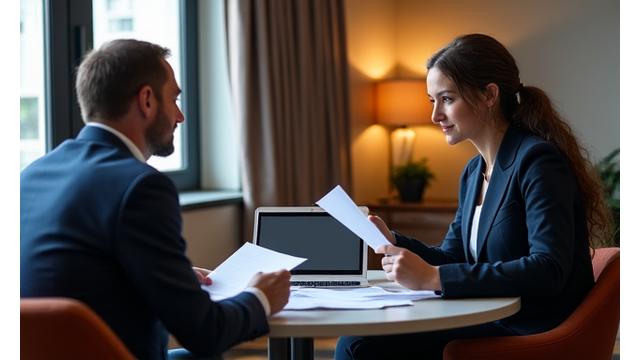 Two professionals having a confidential discussion in a modern office