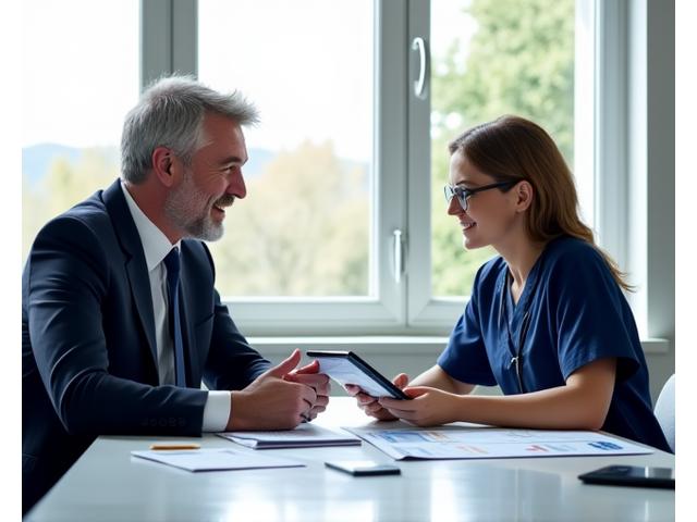 Healthcare professional reviewing financial documents with an advisor