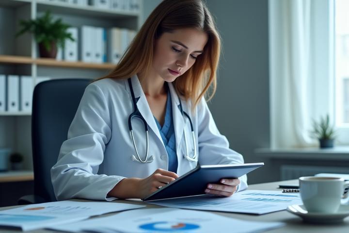 Medical professional reviewing ledger and charts in a modern office