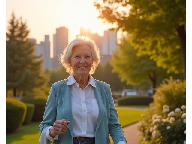 Senior woman enjoying a walk in a park, smiling
