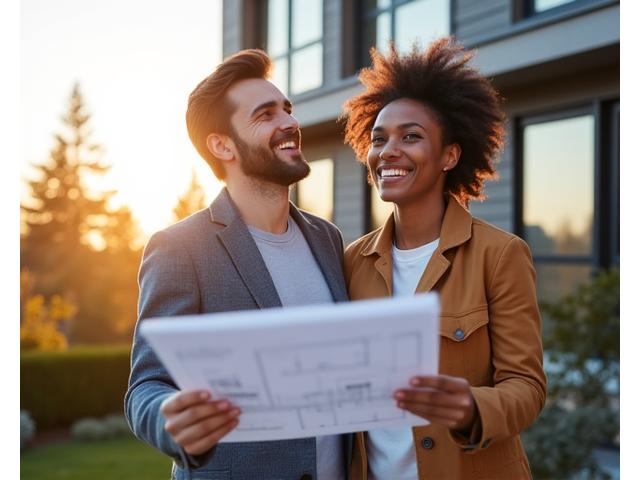 Smiling young couple looking at architectural plans