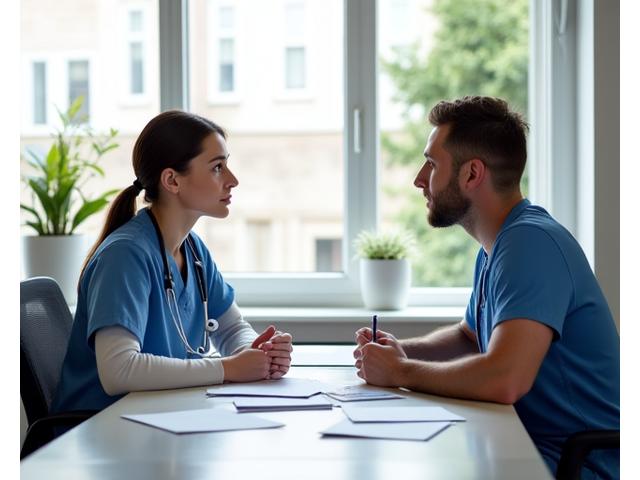 Female medical professional discussing financial documents with an advisor
