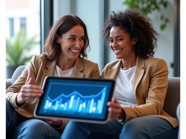Two professional women collaborating on financial planning using a tablet