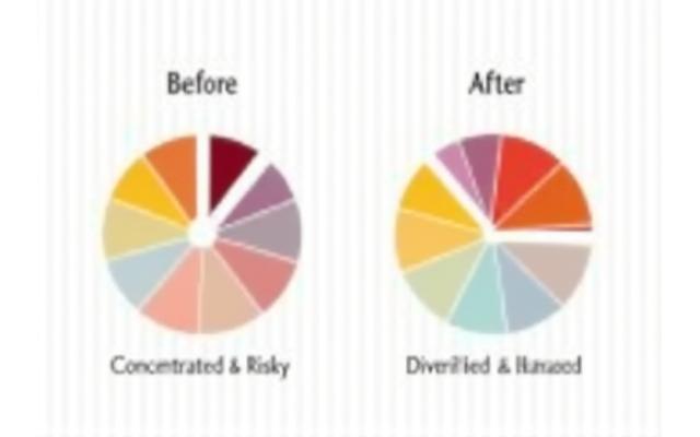 Infographic showing a highly concentrated 'Before' portfolio pie chart versus a well-diversified 'After' portfolio pie chart, illustrating asset class distribution.