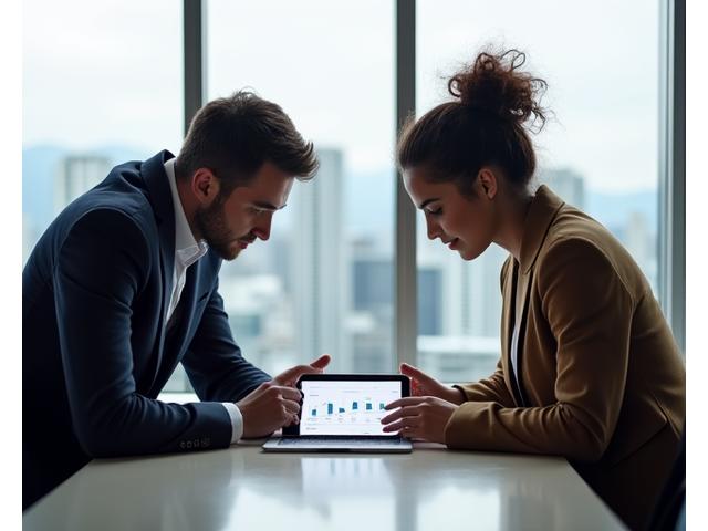 Financial advisor discussing investment strategy with a client in a modern Vancouver office, showing a diversified portfolio on a tablet.