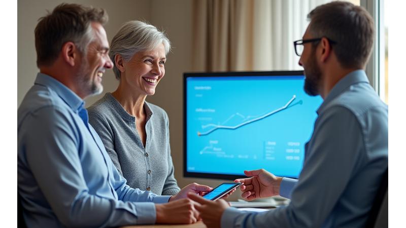 Financial advisor consulting with a smiling retired couple, pointing to a tablet with charts.