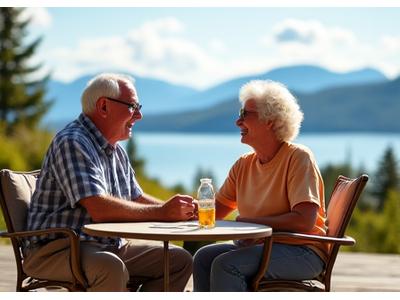 Happy senior couple enjoying leisure time on a boat with calm lake in background.