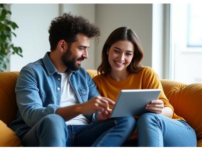 Young professional couple discussing finances over a tablet in a modern apartment.