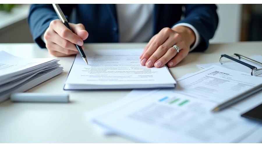 Person organizing financial documents and notes, focused on details