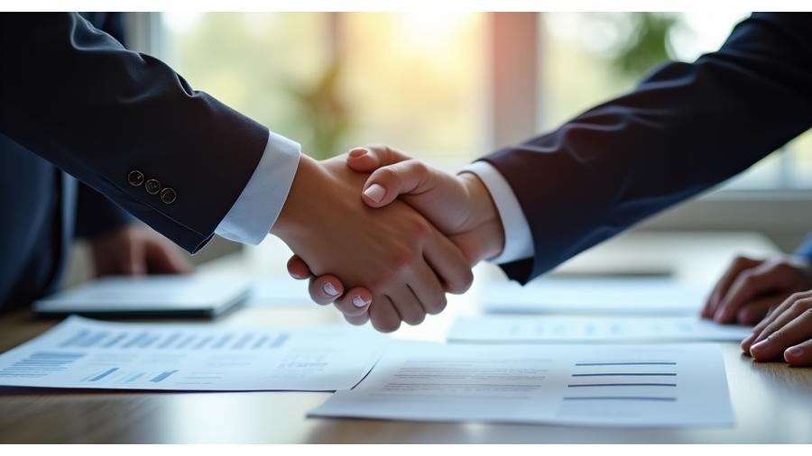 Two hands reaching across a table to shake, over a blurred background of legal papers, symbolizing conflict resolution