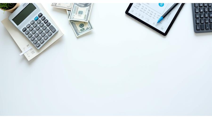 Calculator, money, and financial charts on a desk, symbolizing transparent financial calculations