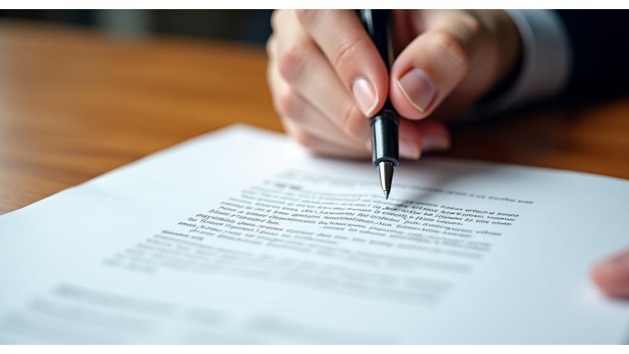 Close-up of a legal document with a pen, signing, symbolizing agreement