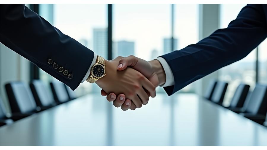 Professional handshake in a modern office setting, signifying trust and professionalism