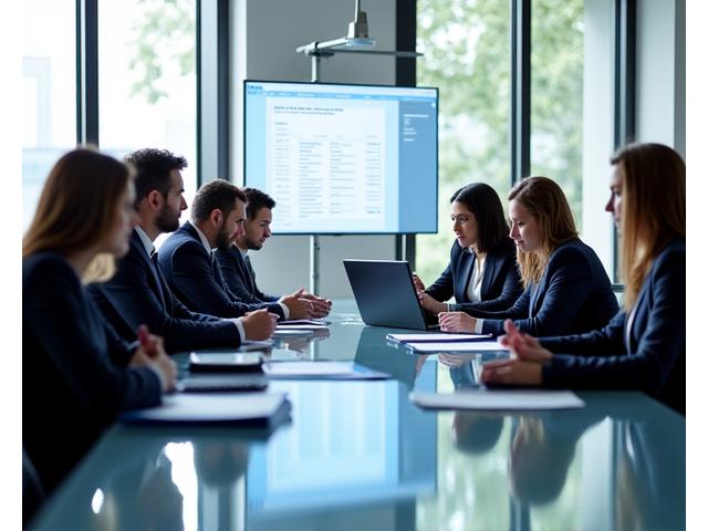 A diverse group of finance professionals collaborating around a large table, symbolizing integrated wealth management services.