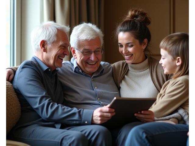 An elegant multi-generational family sitting together, looking at a tablet, symbolizing shared financial planning and legacy building.