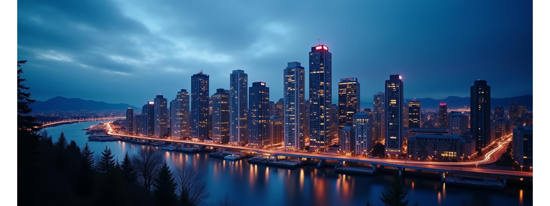 Panoramic view of Vancouver city skyline at dusk with modern financial buildings, symbolizing growth and stability.