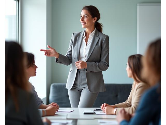 Professional woman confidently leading a team meeting in a modern office, surrounded by diverse colleagues. Her body language suggests leadership and expertise.