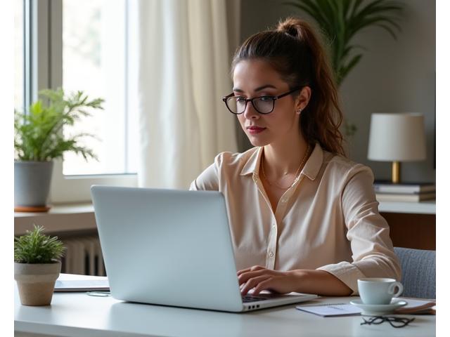 Female entrepreneur at her laptop, surrounded by small business elements – a coffee cup, notebook, and a small plant, conveying focus and innovation.