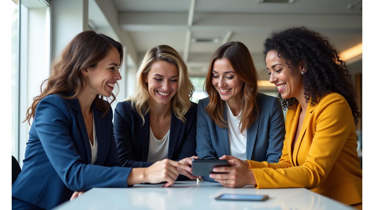 Diverse group of successful women from Vancouver collaborating and smiling confidently in a bright, modern office setting. One woman points to a financial chart on a screen, another sips coffee, all exuding confidence and collaboration.