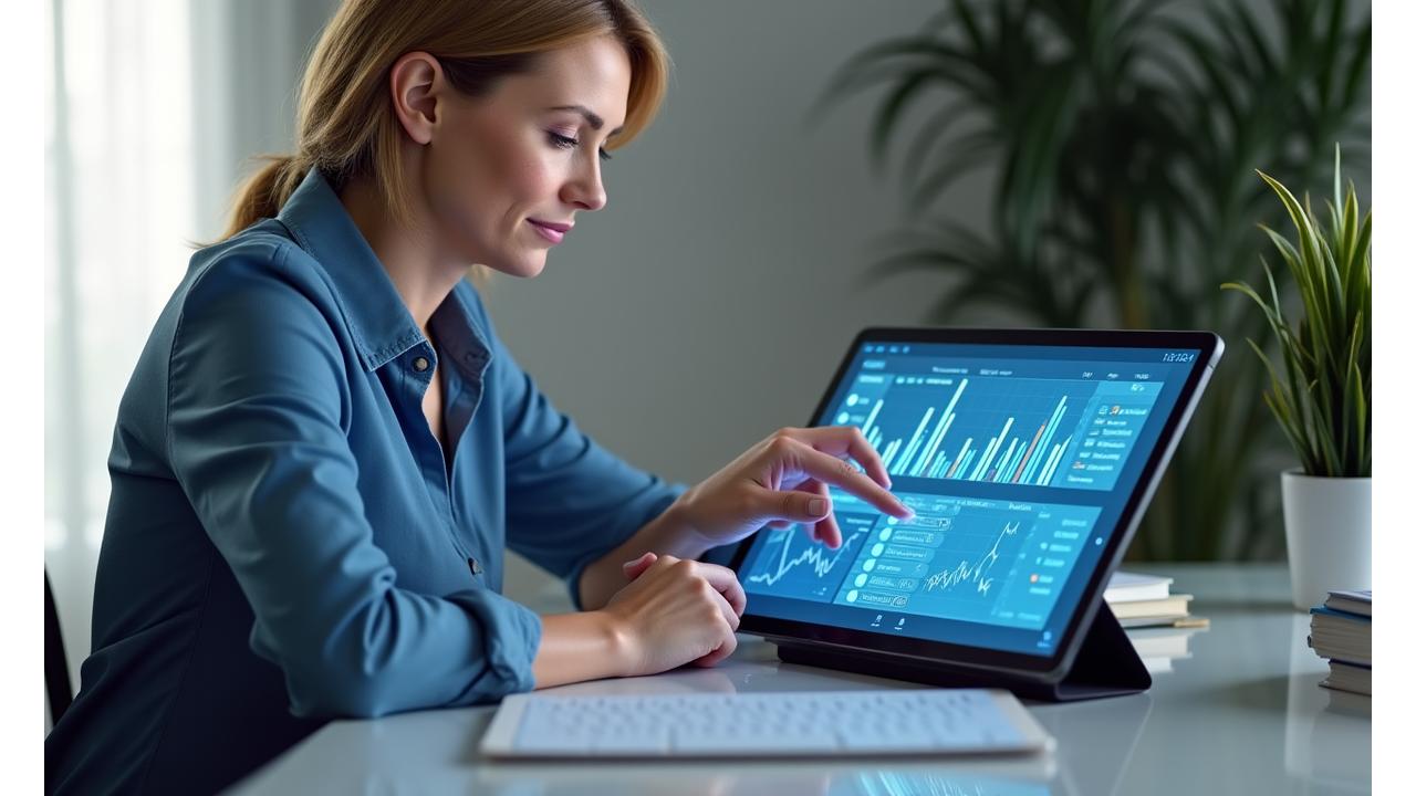 Woman confidently engaging with investment charts and data on a tablet, surrounded by a subtle, modern financial interface, demonstrating engagement and understanding.