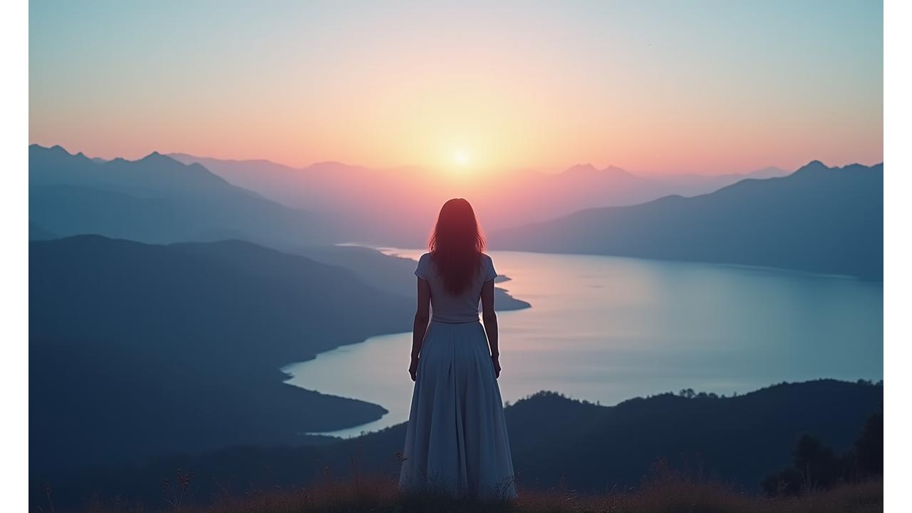 A woman looking thoughtfully at a tranquil lake at sunrise, symbolizing reflection, new beginnings, and adaptation during life transitions.