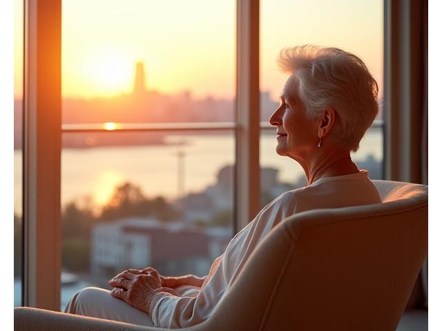 A serene, older woman with grey hair smiling while looking out at a scenic view from her comfortable balcony, symbolizing peaceful and secure retirement.